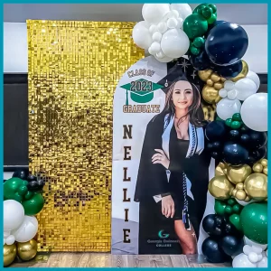 Elegant Gold & Balloon Arch Graduation Decor