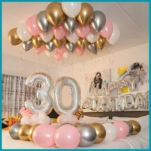 Elegant Blush Pink & Metallic Birthday Room Decor in Dubai