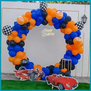 Car Racing Birthday Balloon Arch Decor in Dubai – Black, Orange & Blue Theme